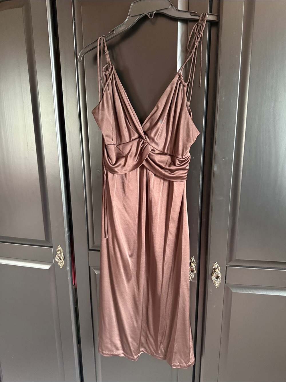 Arden B Satin Twist-Front Midi Dress in Mauve Brown
